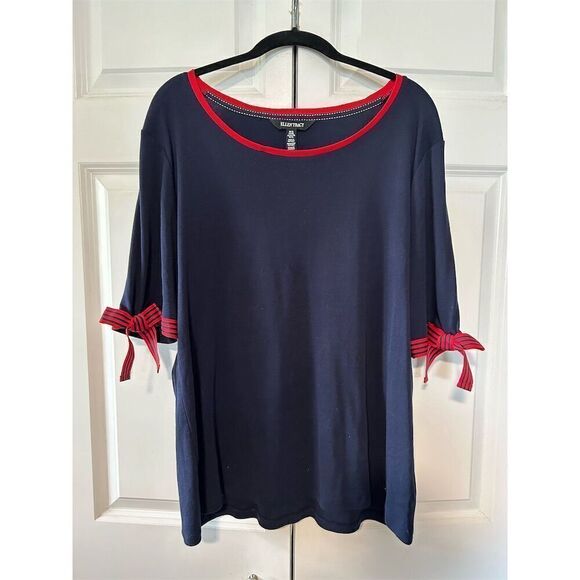 Ellen Tracy Women's M Navy Blue Tunic Blouse 3/4 Sleeve Red Accents - Picture 1 of 6
